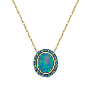 10K Yellow Gold Fixed Oval Opal Doublet with Emerald & Sapphire Pendant & 17 - 18" Chain