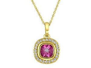 10K Yellow Gold Pink Topaz with Diamond Halo Pendant and 16-18" Chain