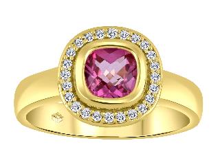 10K Yellow Gold Cushion Cut Pink Topaz with Diamond Halo Ring