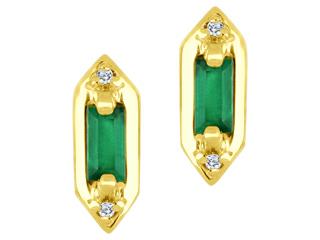 10K Yellow Gold Baguette Emerald with Diamond Stud Earrings