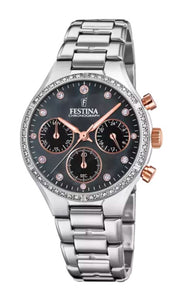 Festina Quartz  Chronograph 50m WR Black Dial Rose Accents Crystal Markers and Bezel Stainless Steel Case & Bracelet