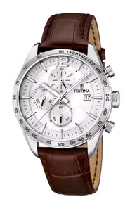 Festina Quartz Date Chronograph 50M WR Stainless Steel Case Brown Leather Strap