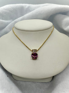 14K Yellow Gold Cushion Cut Rhodolite Garnet and Tapered Baguette Pendant with 18" Wheat Chain