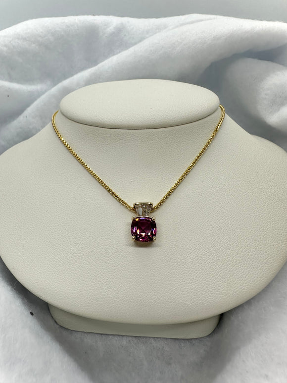 14K Yellow Gold Cushion Cut Rhodolite Garnet and Tapered Baguette Pendant with 18