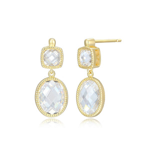 Elle Sterling Silver/Yellow Gold Plate "Essence" Oval & Cushion Cut CZ Stud Drop Earring