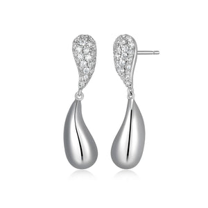 Elle Sterling Silver "Raindrop" Pavee CZ & Plain Drop Stud Earrings