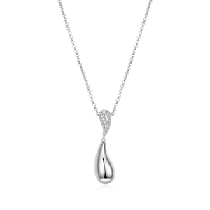 Elle Sterling Silver "Raindrop" Pavee CZ and Plain Drop Pendant with 17" + 3" Chain