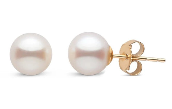 14K Yellow Gold 7-7.5mm White Freshwater Pearl Stud Earrings