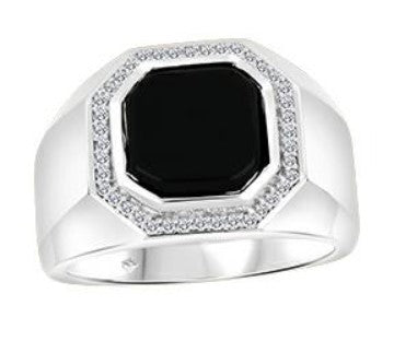 Sterling Silver Onyx with Diamonds Ring