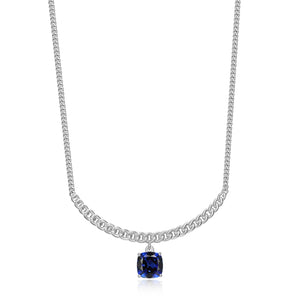 Elle Sterling Silver "Weave" 7MM Created Blue Sapphire Cushion Cut Curved Neck with 17" + 3" Chain
