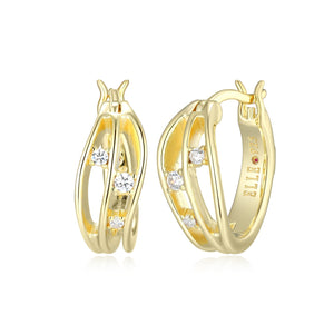 Elle Sterling Silver/Yellow Gold Plate "Between" CZ Small Wavy Hoops