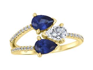 10K Yellow Gold Lab Created Pear Shaped Blue Sapphire and Lab Grown Pear Shaped and Round Diamond Ring