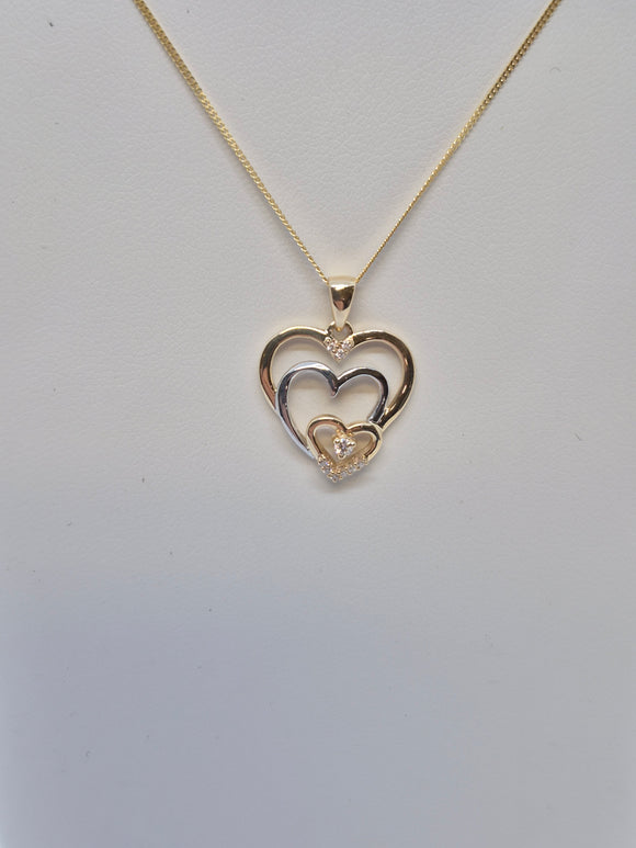 10K White/Yellow Gold Triple Heart with Canadian Diamond & 9 Diamond Pendant with 16-18