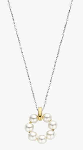 Sterling Silver/18K Gold Plated Fashion Pearl Circle Pendant with 15-19