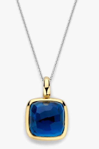 Sterling Silver/18K Yellow Gold Large Cushion Cut Dark Blue Crystal Pendant with 18