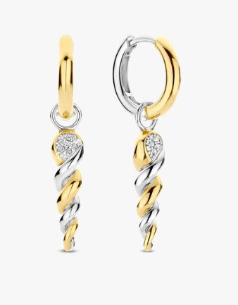 Sterling Silver/18K Gold Plate Huggies with Spiral Drops with CZ