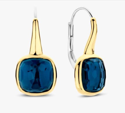 Sterling Silver/18K Gold Plated Large Cushion Cut Dark Blue Crystal Leverback Earrings