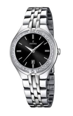 Festina Quartz Date 50M WR Black Dial Crystal Bezel Stainless Steel Case & Bracelet