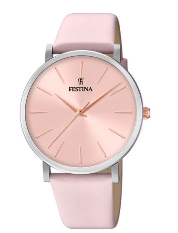 Festina Quartz 30M WR Stainless Steel Case Rose Markers/Crown Pale Pink Dial & Leather Strap