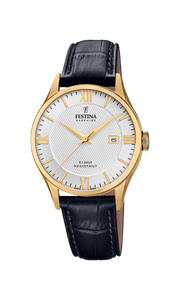 Festina Swiss Quartz Date 100M WR Stainless Steel/Yellow Gold Plate Case and Black Leather Strap