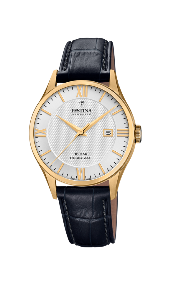 Festina Swiss Quartz Date 100M WR Stainless Steel/Yellow Gold Plate Case and Black Leather Strap