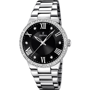 Festina Quartz  50M WR Black Dial Crystal Bezel Stainless Steel Case & Bracelelt