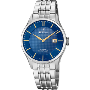 Festina Swiss Quarts Date 100M WR Yellow Accents Stainless Steel Case and Bracelet