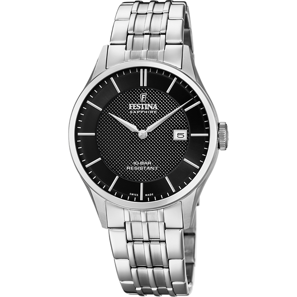 Festina Swiss Quartz Date 100M WR Black Dial Stainless Steel Case & Bracelet