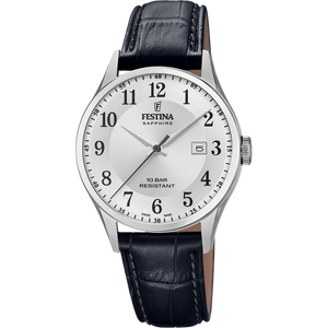 Festina Swiss Quarts Date, Numbers 100M WR Stainless Steel Case Black Leather Strap