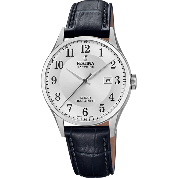 Festina Swiss Quarts Date, Numbers 100M WR Stainless Steel Case Black Leather Strap