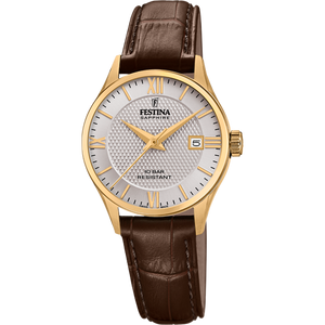 Festina Swiss Quartz Date 100M WR Stainless Steel/Yellow Gold Plate Case Brown Leather Strap