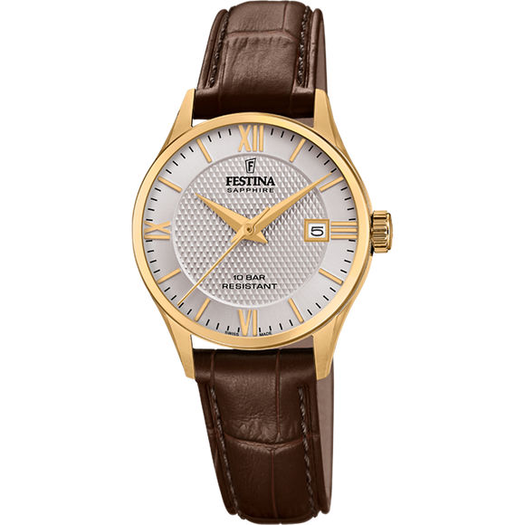 Festina Swiss Quartz Date 100M WR Stainless Steel/Yellow Gold Plate Case Brown Leather Strap