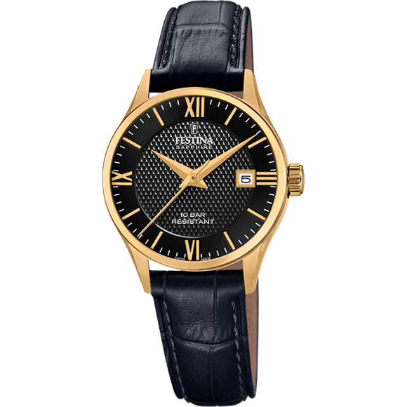 Festina Swiss Quartz Date Black Dial 100M WR Stainless Steel/Yellow Gold Plate Case Black Leather Strap