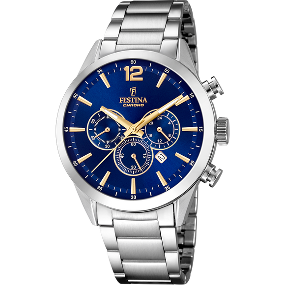 Festina Quartz Chrono Date 50M WR Navy Dial Stainless Steel Case & Bracelelt