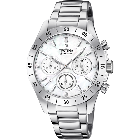 Festina Quartz Chrono 100M WR Mother of Pearl Dial Diamond at 12 Stainless Steel Case & Bracelet