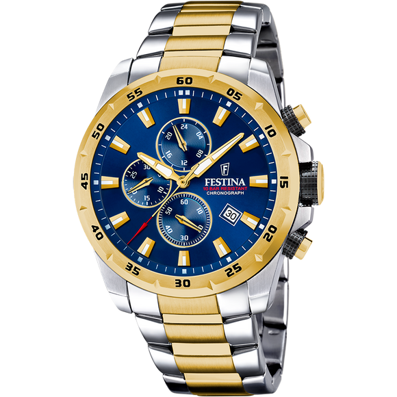 Festina Quartz Chrono Date 100M WR Stainless Steel/Yellow Gold Plate Case & Bracelet