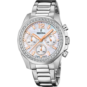 Festina Quartz Chrono 100M WR Mother of Pearl Dial Crystal Bezel Stainless Steel Case & Bracelet