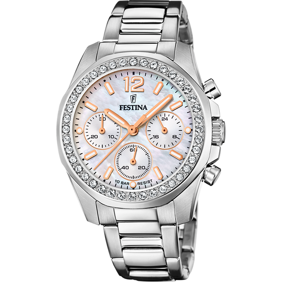 Festina Quartz Chrono 100M WR Mother of Pearl Dial Crystal Bezel Stainless Steel Case & Bracelet