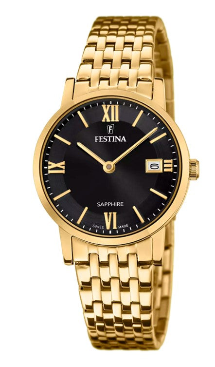 Festina Swiss Quartz Date 50M WR Black Dial Gold Plated Stainless Steel Case & Bracelet