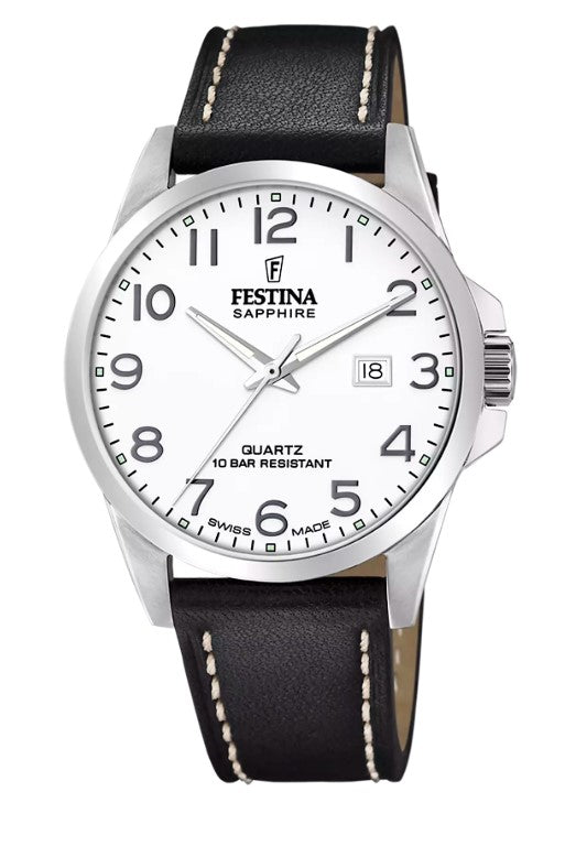 Festina Swiss Quartz Date 100M WR Stainless Steel Case Black Leather Strap