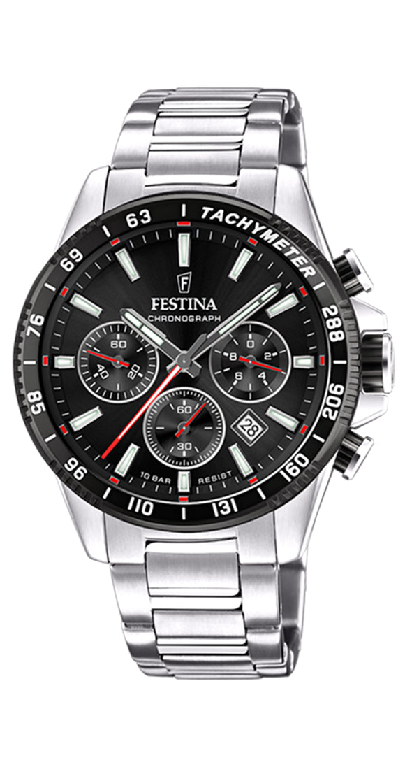 Festina Quartz Chrono 100M WR Black Dial & Bezel with Stainless Steel Case & Bracelet