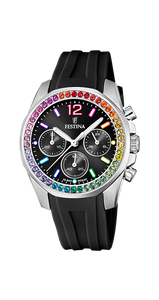 Festina Quartz Chrono 100M WR "Rainbow" Crystal Bezel Black Dial & Silicon Strap