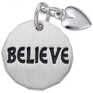 Sterling Silver "Believe" Round Disc with Heart Tag