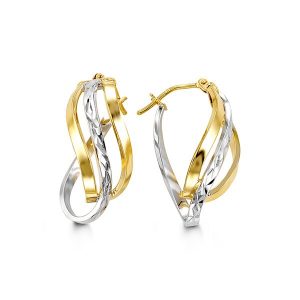 10K Yellow/White Diamond Cut Triple Line Oval Hoops