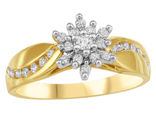 10K Yellow Gold Diamond Cluster with Diamond Shoulder Stone Ring