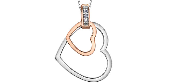 Forever Jewellery 10K White/Rose Gold Double Heart Pendant with Diamond and 17