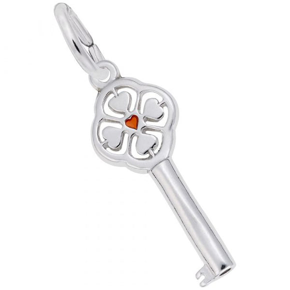 Sterling Silver Key With Hearts & Red Painted Centre