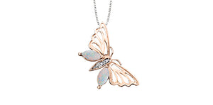 10K Rose & White Gold Butterfly w/Opal & Dia=0.005ct  Accent Pendant with 18" Chain
