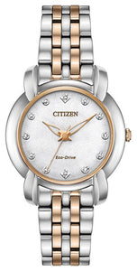 Citizen Ladies Eco-Drive "Jolie"  12 Diamond Markers Mother of Pearl Dial Sapphire Crystal WR50M Stainless Steel/Rose Gold Plate Case and Bracelet