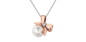10K Rose & White Gold Pearl & Diamond Accent Bow Pendant with 18" Chain